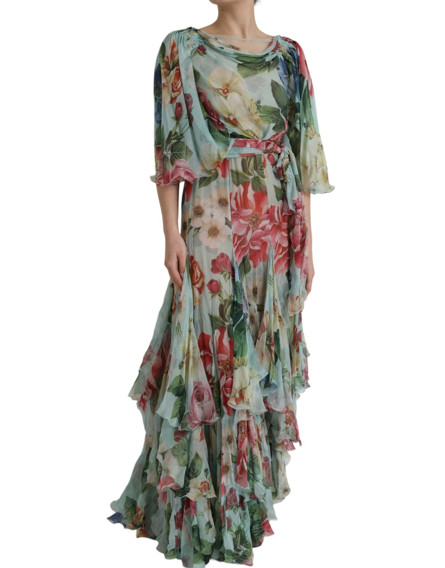 Dolce & Gabbana Blue Floral Print Tiered Long Maxi Dress Dolce & Gabbana