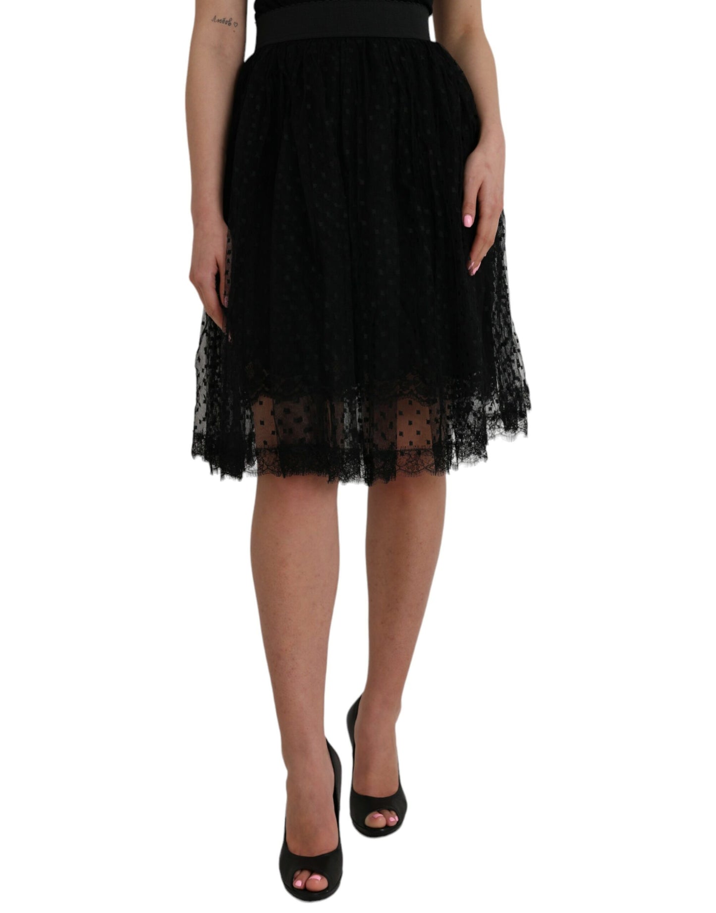 Dolce & Gabbana Black Nylon Lace Trim High Waist A-line Skirt Dolce & Gabbana