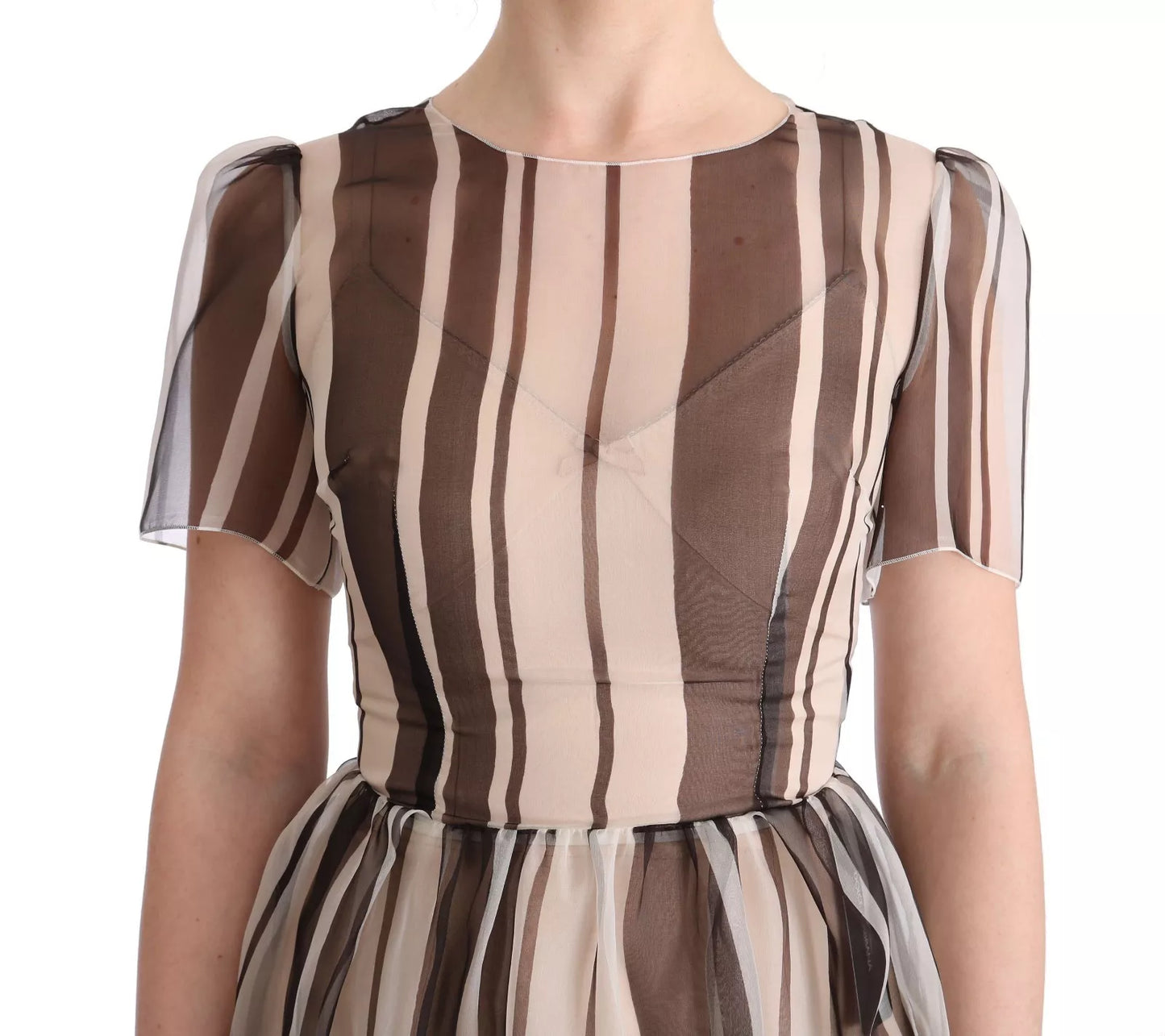 Dolce & Gabbana Beige Brown Striped Silk Sheath Dress Dolce & Gabbana