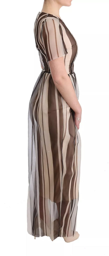 Dolce & Gabbana Beige Brown Striped Silk Sheath Dress Dolce & Gabbana