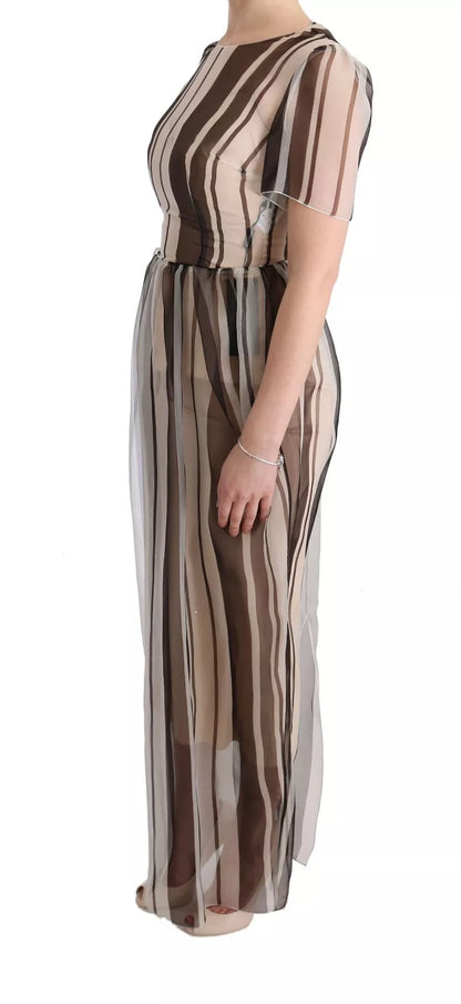 Dolce & Gabbana Beige Brown Striped Silk Sheath Dress Dolce & Gabbana