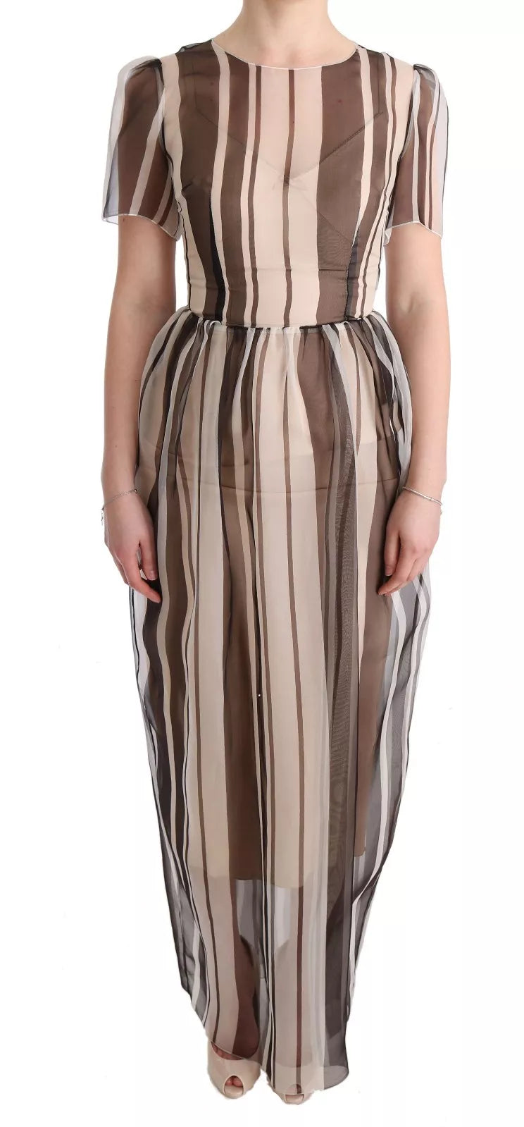 Dolce & Gabbana Beige Brown Striped Silk Sheath Dress Dolce & Gabbana