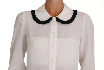 Dolce & Gabbana White Silk Shirt Ruffle Rouded Collar Blouse Dolce & Gabbana