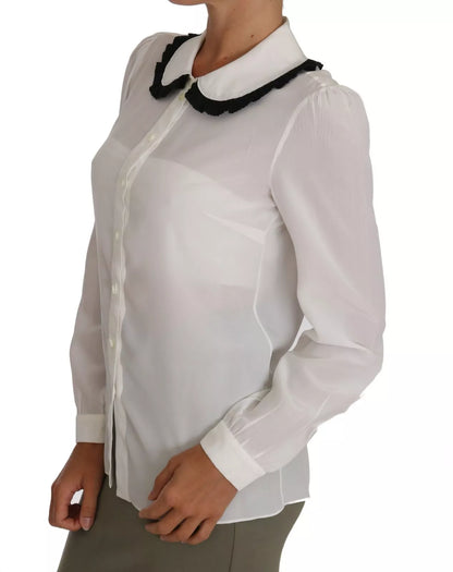 Dolce & Gabbana White Silk Shirt Ruffle Rouded Collar Blouse Dolce & Gabbana