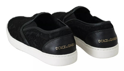 Dolce & Gabbana Black Lace Leather Logo Flat Slip-On Sneakers Dolce & Gabbana