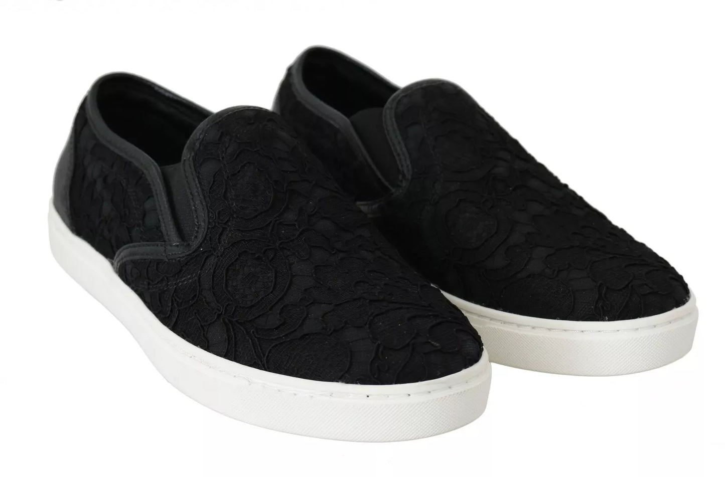 Dolce & Gabbana Black Lace Leather Logo Flat Slip-On Sneakers Dolce & Gabbana