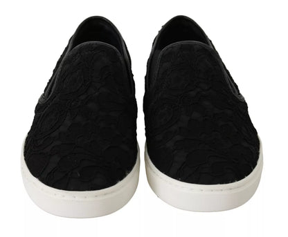 Dolce & Gabbana Black Lace Leather Logo Flat Slip-On Sneakers Dolce & Gabbana