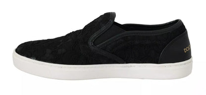 Dolce & Gabbana Black Lace Leather Logo Flat Slip-On Sneakers Dolce & Gabbana