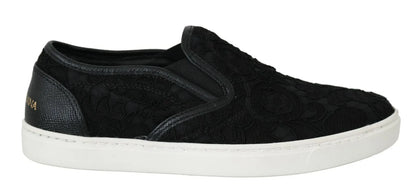 Dolce & Gabbana Black Lace Leather Logo Flat Slip-On Sneakers Dolce & Gabbana