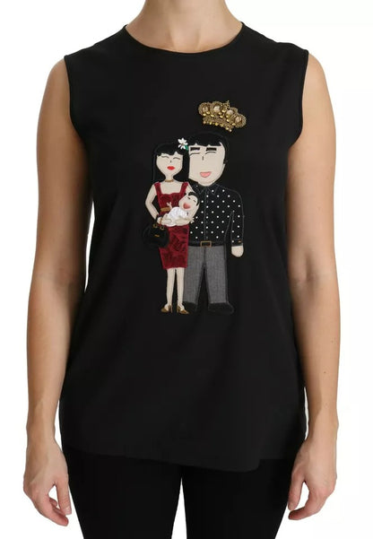 Dolce & Gabbana Black Silk DG Family Crystal Sleeveless Top Dolce & Gabbana