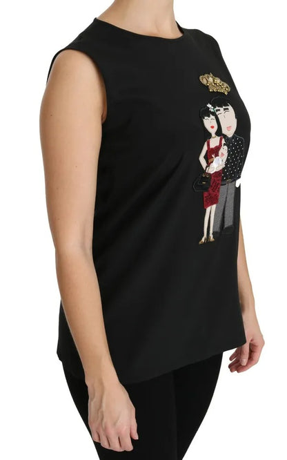 Dolce & Gabbana Black Silk DG Family Crystal Sleeveless Top Dolce & Gabbana