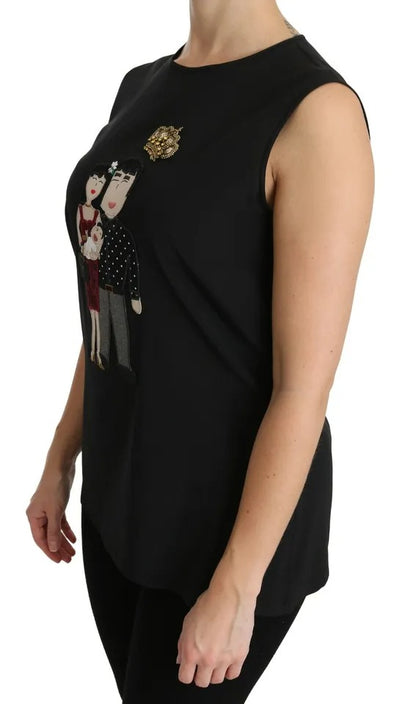 Dolce & Gabbana Black Silk DG Family Crystal Sleeveless Top Dolce & Gabbana