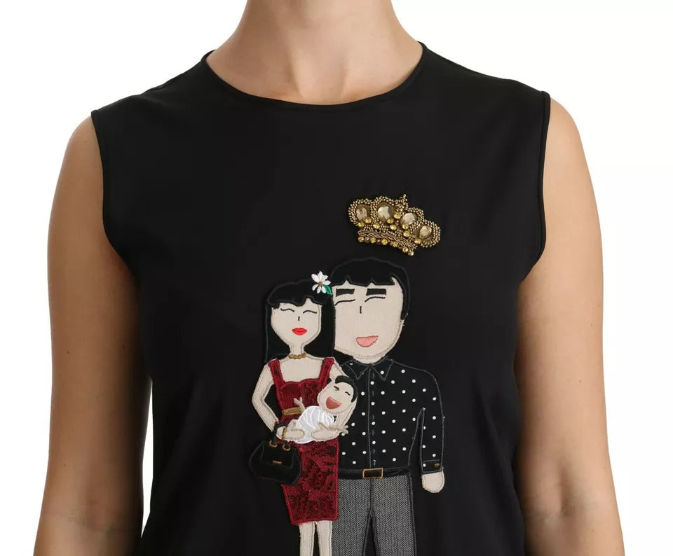 Dolce & Gabbana Black Silk DG Family Crystal Sleeveless Top Dolce & Gabbana