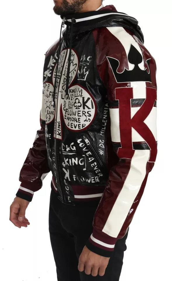 Dolce & Gabbana Black Bordeaux Hooded Leather DG King of Love Jacket Dolce & Gabbana