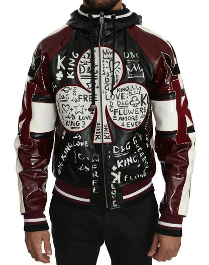 Dolce & Gabbana Black Bordeaux Hooded Leather DG King of Love Jacket Dolce & Gabbana