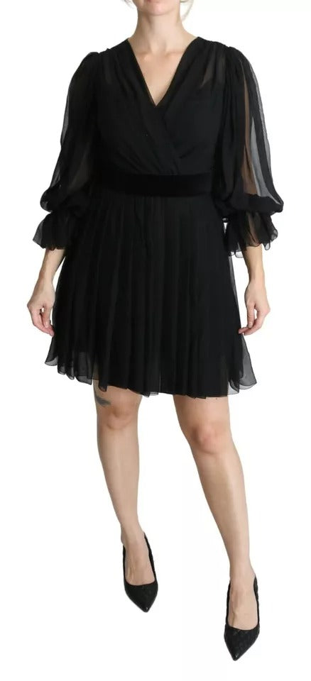 Dolce & Gabbana Black Mesh Pleated Mini Silk Blend Dress Dolce & Gabbana