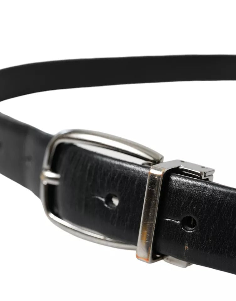 Dolce & Gabbana Black Leather Silver Metal Buckle Men Belt Dolce & Gabbana