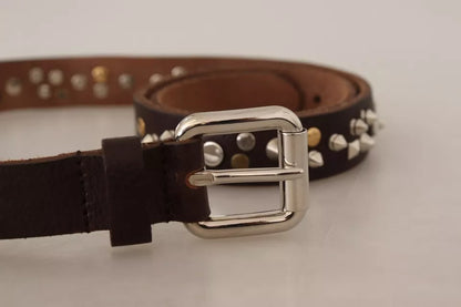 Dolce & Gabbana Brown Leather Studded Silver Metal Buckle Belt Dolce & Gabbana