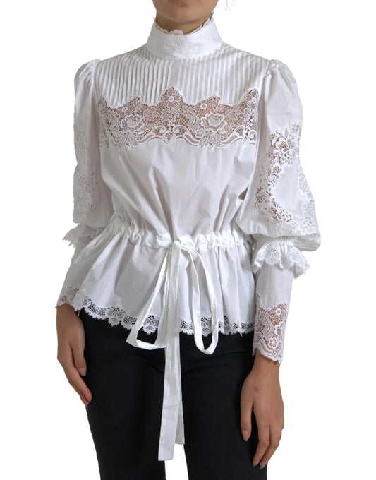 Dolce & Gabbana White Cotton Lace Trim Turtle Neck Top Blouse Dolce & Gabbana