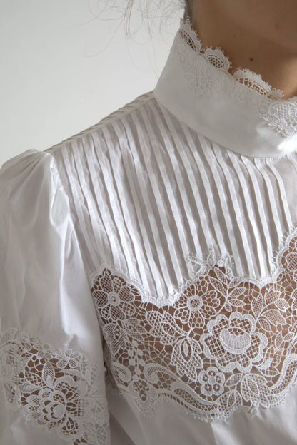 Dolce & Gabbana White Cotton Lace Trim Turtle Neck Top Blouse Dolce & Gabbana