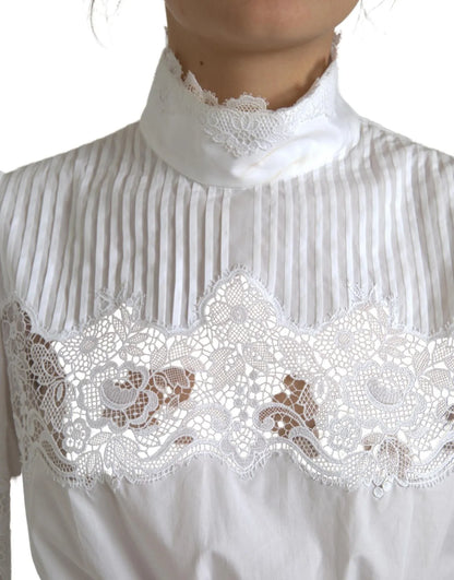 Dolce & Gabbana White Cotton Lace Trim Turtle Neck Top Blouse Dolce & Gabbana