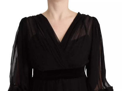 Dolce & Gabbana Black V-neck Long Sleeves Mini A-line Dress Dolce & Gabbana