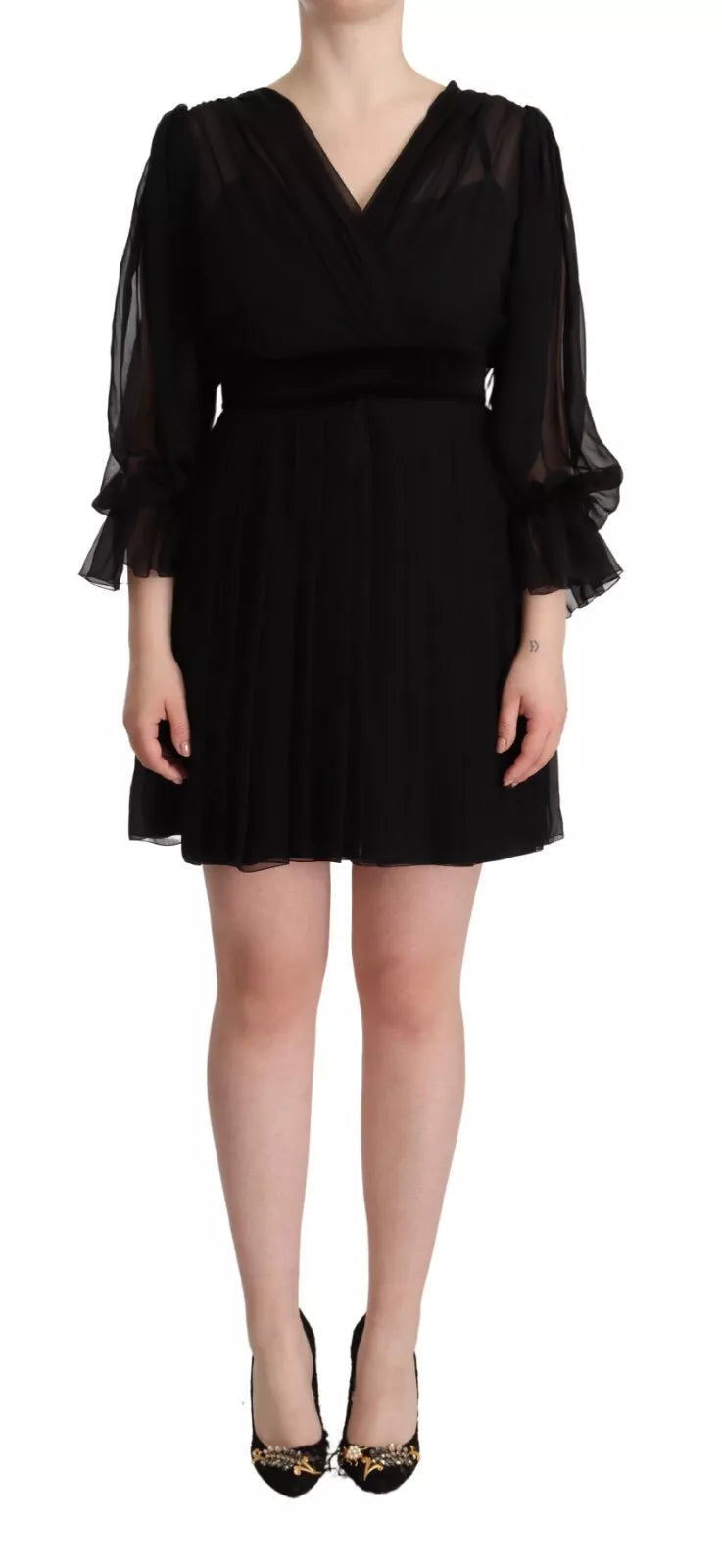 Dolce & Gabbana Black V-neck Long Sleeves Mini A-line Dress Dolce & Gabbana