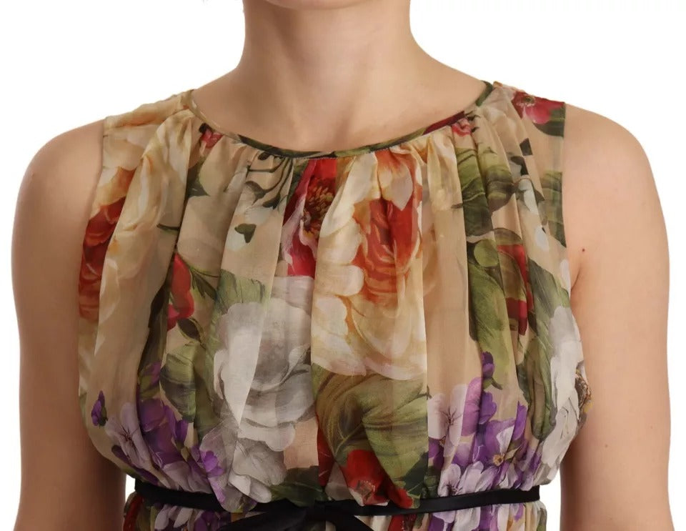 Dolce & Gabbana Beige Floral Sleeveless Round Neck Mini Dress Dolce & Gabbana