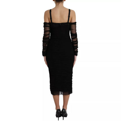 Dolce & Gabbana Black Cold Shoulder Stretch Tulle Midi Dress Dolce & Gabbana