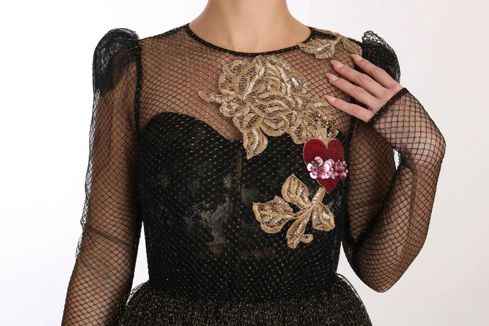 Dolce & Gabbana Black Gold Crystal Heart A-line Dress Dolce & Gabbana