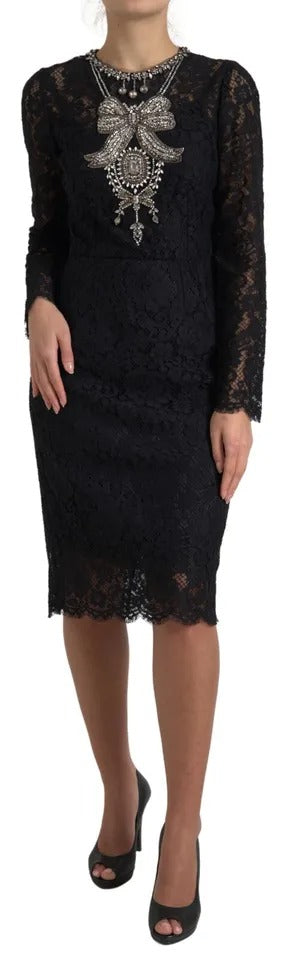 Dolce & Gabbana Black Nylon Lace Embellished Sheath Dress Dolce & Gabbana