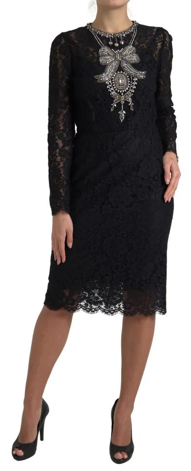 Dolce & Gabbana Black Nylon Lace Embellished Sheath Dress Dolce & Gabbana