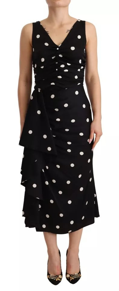 Dolce & Gabbana Black Silk Polka Dots V-neck Sheath Midi Dress Dolce & Gabbana