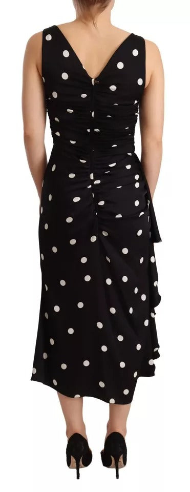 Dolce & Gabbana Black Silk Polka Dots V-neck Sheath Midi Dress Dolce & Gabbana