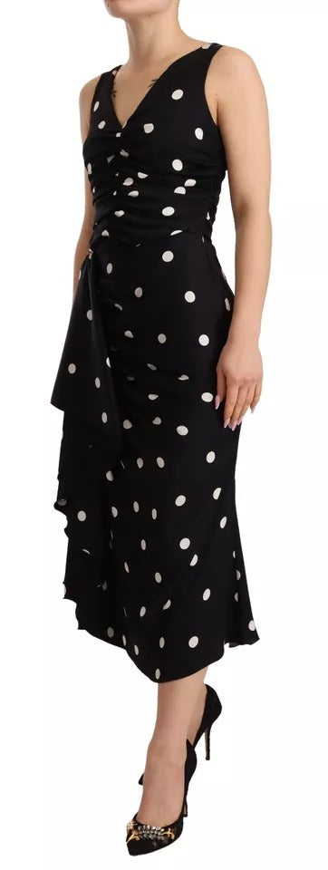 Dolce & Gabbana Black Silk Polka Dots V-neck Sheath Midi Dress Dolce & Gabbana