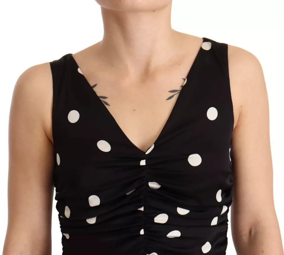 Dolce & Gabbana Black Silk Polka Dots V-neck Sheath Midi Dress Dolce & Gabbana