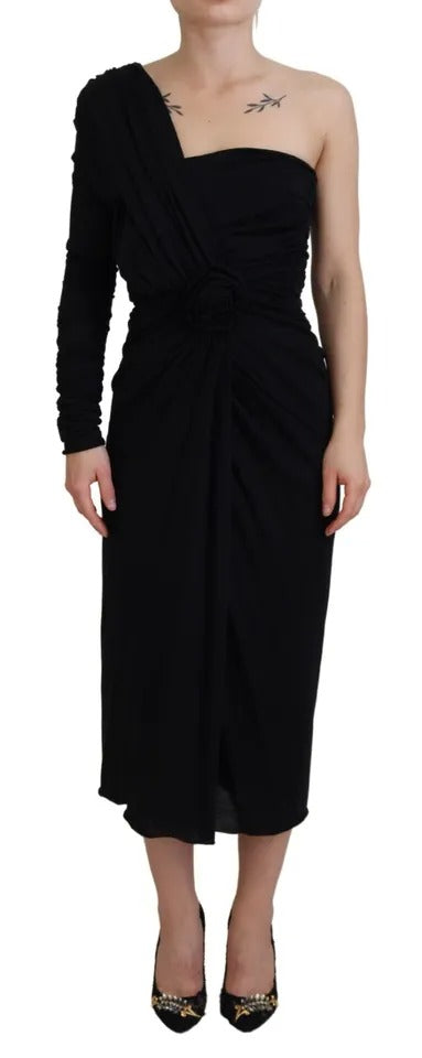 Dolce & Gabbana Black Wrap Sheath One Shoulder Wool Dress Dolce & Gabbana