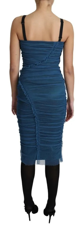 Dolce & Gabbana Blue Draped Tulle Midi Sheath Cotton Dress Dolce & Gabbana