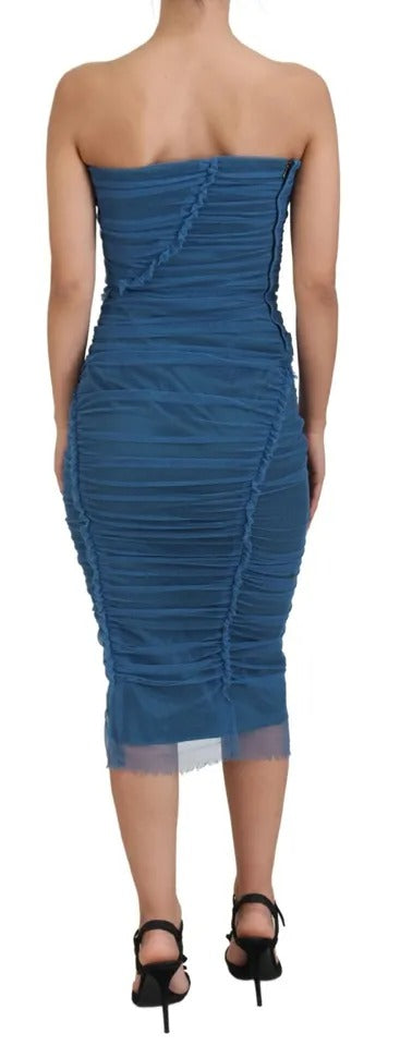 Dolce & Gabbana Blue Mesh Trim Ruched Tulle Sheath Dress Dolce & Gabbana