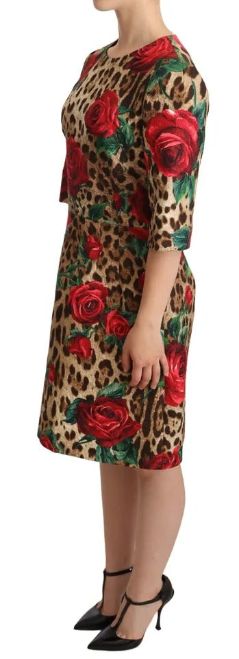 Dolce & Gabbana Brown Leopard Red Roses Cotton A-line Dress Dolce & Gabbana