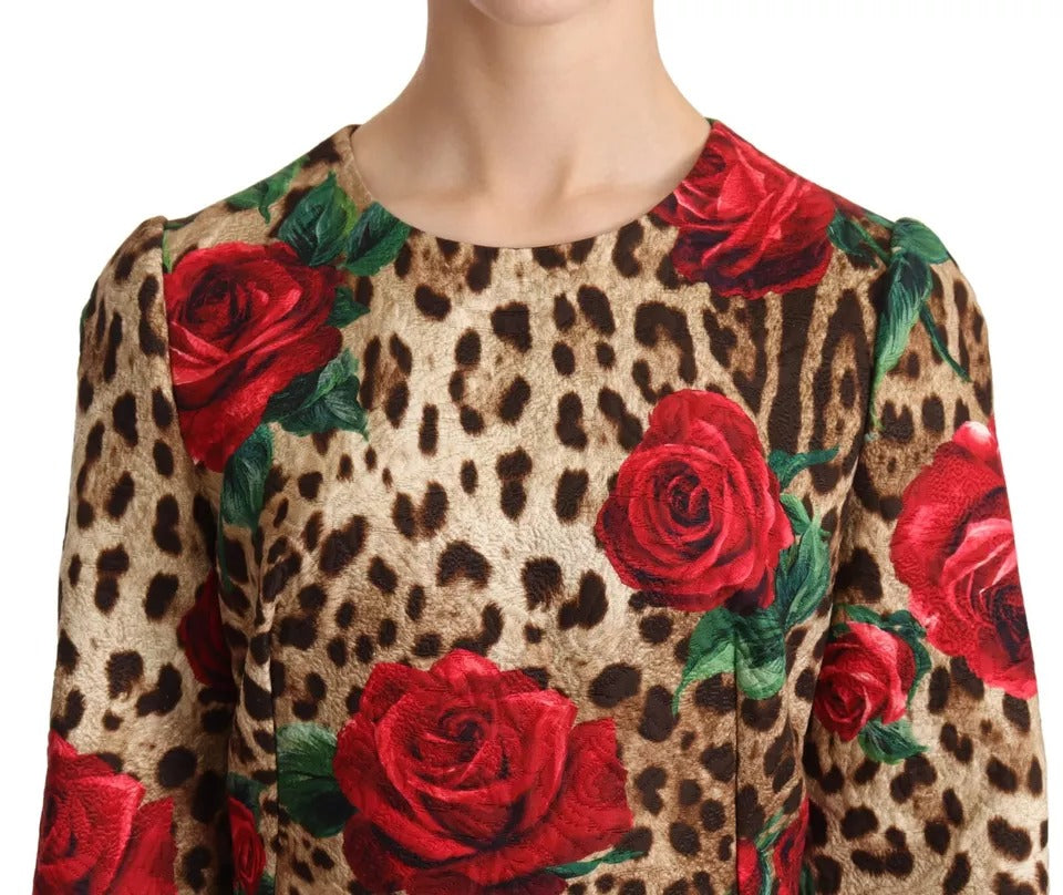 Dolce & Gabbana Brown Leopard Red Roses Cotton A-line Dress Dolce & Gabbana