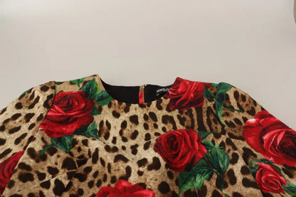 Dolce & Gabbana Brown Leopard Red Roses Cotton A-line Dress Dolce & Gabbana