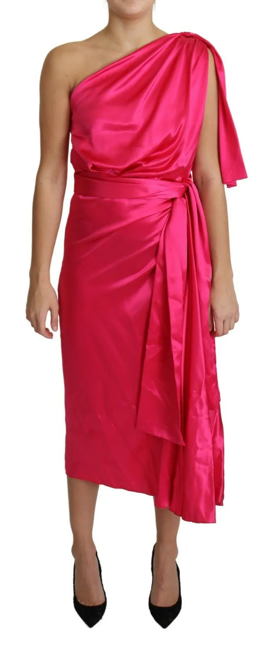 Dolce & Gabbana Fuchsia Fitted Cut One Shoulder Midi Dress Dolce & Gabbana