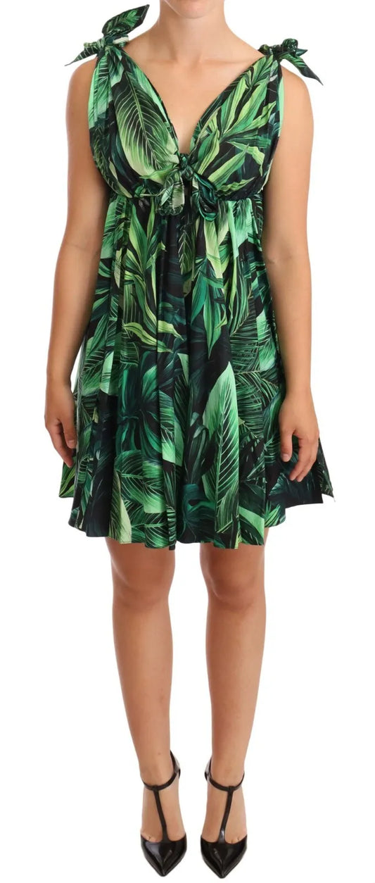 Dolce & Gabbana Green Leaves Print Cotton Flared Mini Dress Dolce & Gabbana