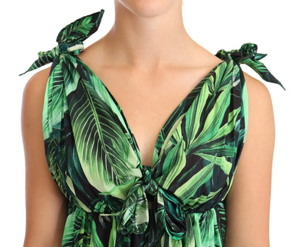 Dolce & Gabbana Green Leaves Print Cotton Flared Mini Dress Dolce & Gabbana