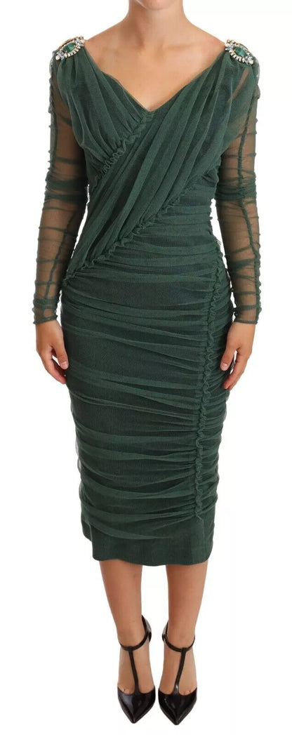 Dolce & Gabbana Green Ruched Stretch Tulle Crystal Midi Dress Dolce & Gabbana