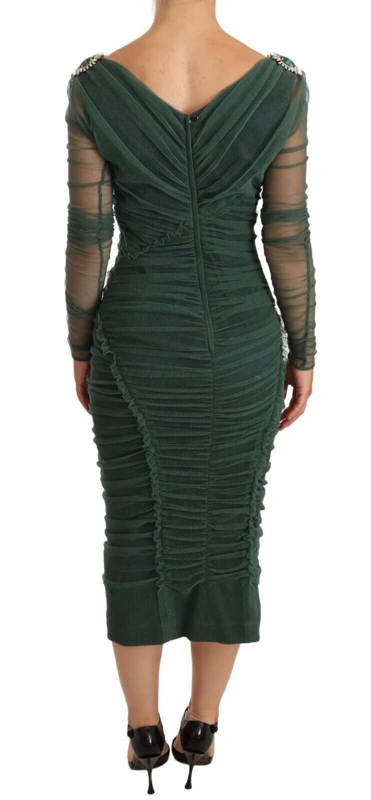 Dolce & Gabbana Green Ruched Stretch Tulle Crystal Midi Dress Dolce & Gabbana