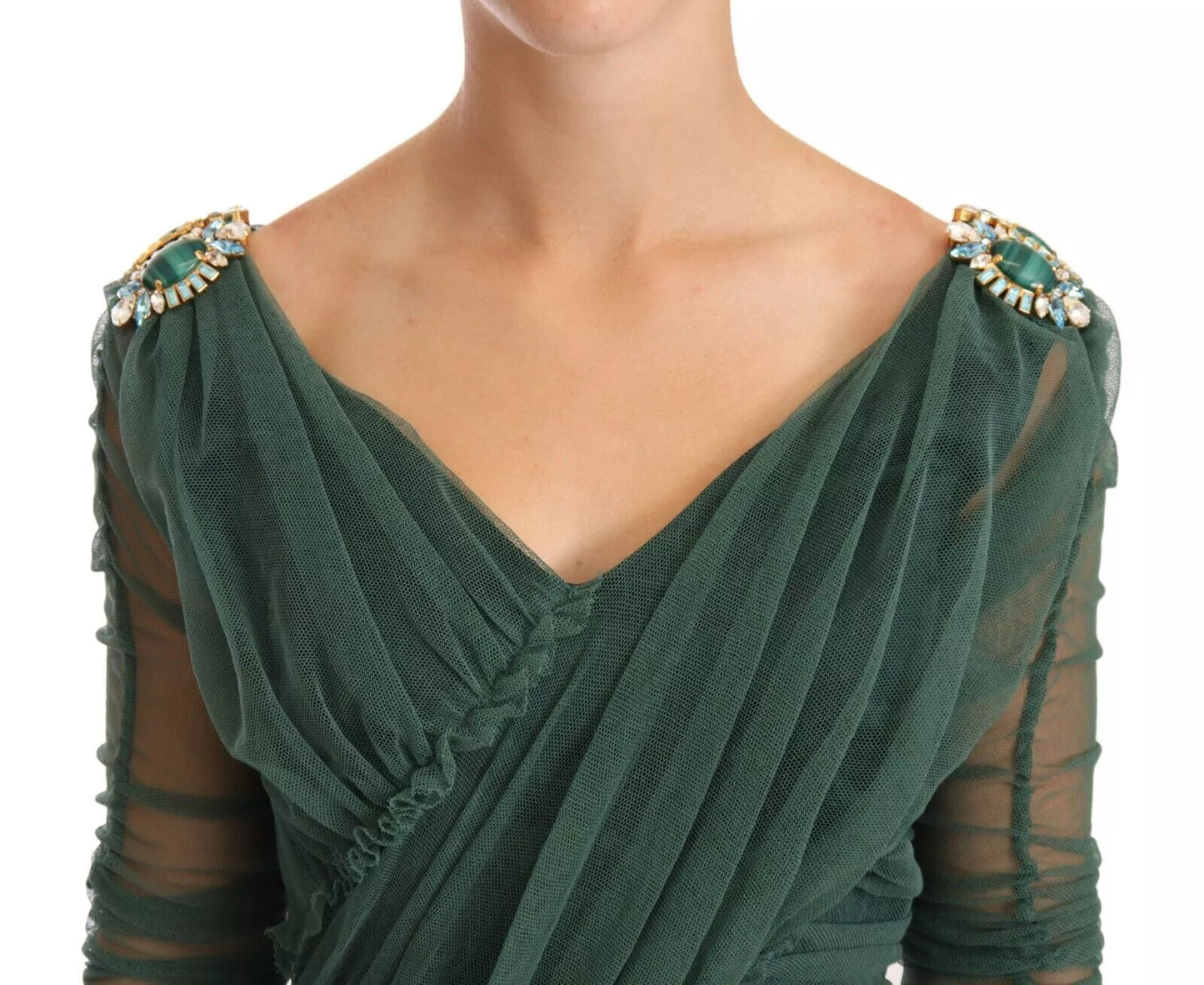 Dolce & Gabbana Green Ruched Stretch Tulle Crystal Midi Dress Dolce & Gabbana