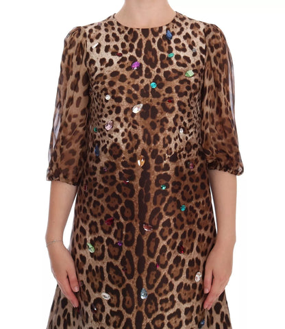 Dolce & Gabbana Leopard Silk Wool Crystal Shift Dress Dolce & Gabbana