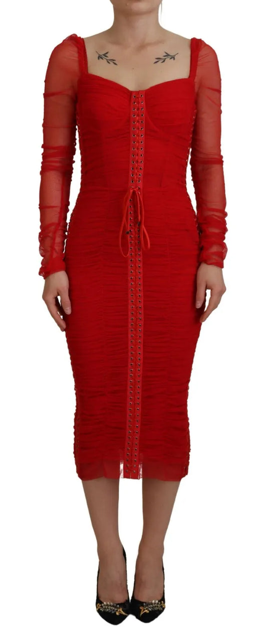 Dolce & Gabbana Red Mesh Trim Bodycon Sheath Midi Dress Dolce & Gabbana